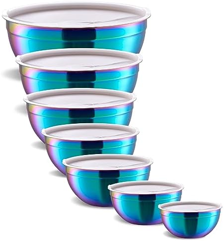 Rainbow Mixing Bowls With Airtight Lids,Stainless Steel Bowl,Salad Bowls 7 Piece Colorful Nesting Bowl Rainbow Kitchen Accessories,Size 7,3.6,2.7,2.1,1.5,1.1,0.8QT Stackable Design by Onlycooker