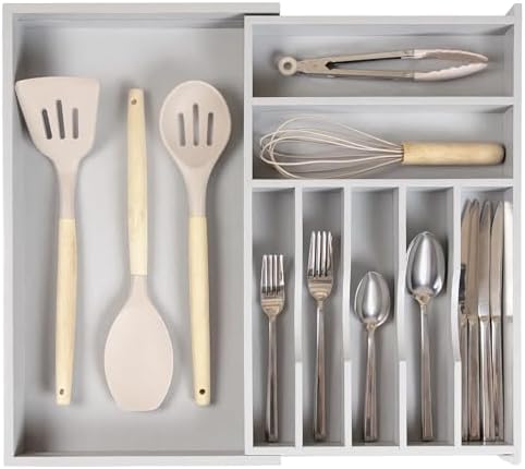 KitchenEdge Silverware & Utensil Drawer Organizer, 10.5-19 in, Gray Bamboo | Cutlery, flatware, food-safe contract grade, kitchen drawer fit by KitchenEdge