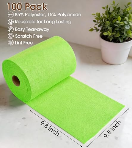 KitchLife Microfiber Cleaning Cloth Roll, 100 Pack - Tear-Away Microfiber Paper Towels, Lint-Free, Reusable, Washable for Kitchen, Car, Dishes, and Sensitive Surfaces (Neon Green) - Image 2