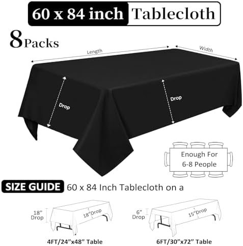 8 Pack Black Tablecloths Rectangle 60 x 84 Inch for 4 Foot Tables - Image 2