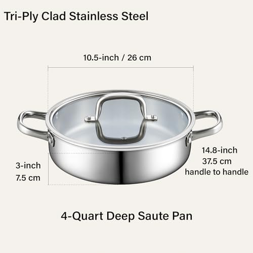 Cook N Home Classic 4 Quart Tri-Ply Clad Stainless Steel Saute Pan, 10.5 Inch Deep Frying Pan with Lid, Induction Skillet Pan Everyday Pan, Dishwasher & Oven Safe - Image 2