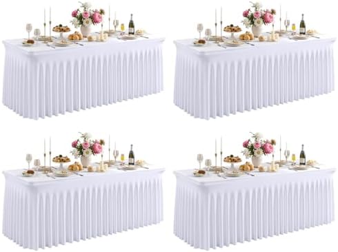 Besutolife White Spandex Tablecloth with Skirt for 8ft Rectangle Tables 4 Packs-Wrinkle-Resistant Stretchable Machine Washable Perfect for Weddings Banquets Birthday Parties Events by Besutolife