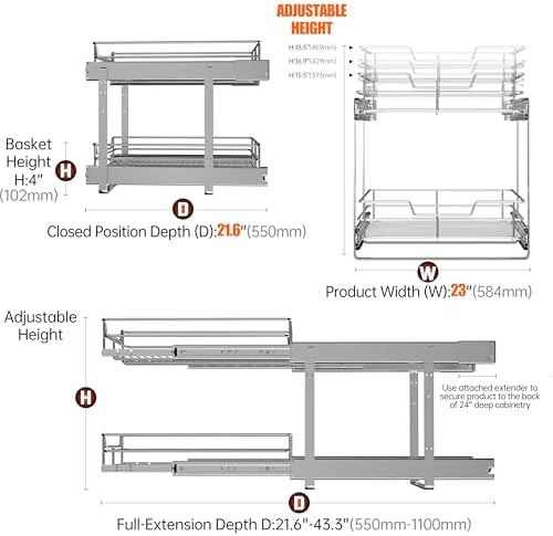 JOWBOOW 2-Tier Pull Out Cabinet Organizer, 23" W x 22" D, Chrome | Heavy-Gauge Wire Slide Out Shelves, 100 lbs Capacity, Ball-Bearing Glides, Min 24" Opening, For Heavy Appliances - Image 5