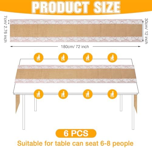 Tatuo 6 Pcs Burlap Table Runners with Lace 12 X 72 Rustic Jute,Elegant - Image 2