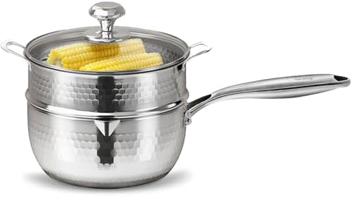 2.5 QT Tri-Ply Stainless Steel Hammered Saucepan with Steamer visible Lid and Pour Spout Japanese Milk Pot for Cooking Milk Noodle Pasta Soup Vegetable Induction Compatible Dishwasher Safe by YeKuKing