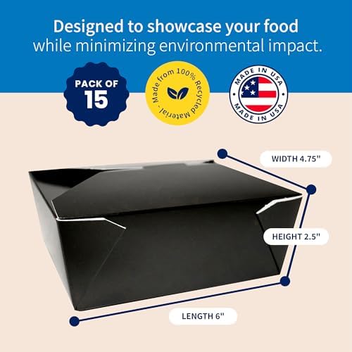 FC Meyer MeyerPak #8 Take Out Cartons, Leak & Grease Resistant Take Out Boxes, Earth-Friendly Disposable To Go Food Containers, 6″ x 4 3⁄4” x 2 1⁄2“, Small, Black, Pack of 15 - Image 2