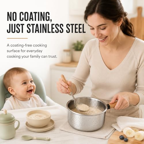 Tri-Ply Stainless Steel Saucepan with Lid, 1.8 Quart - Heavy-Gauge Hammered Exterior, Smooth Interior Milk Pot, Induction Ready Cookware for Ramen, Sauces, Noodles, Stay-Cool Wood Handle - Image 4