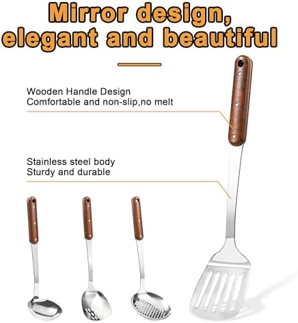 FJNATINH Stainless Steel Wok Spatula,Slotted Spatulas,Ladle,Skimmer Ladle Tool Set,Mirror Polished Cooking Utensils Kitchen Cookware, Pack of 4,Sliver - Image 2