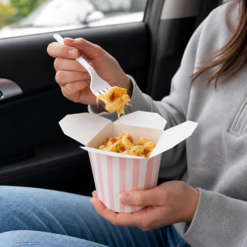 Restaurantware Bio Tek 4 x 3.4 x 3.7 Inch Food Containers, 200 Noodle Takeaway Boxes - Disposable, Striped, Pink And White Paper 26 Ounce Take Out Boxes, Round, For Hot Or Cold Foods - Image 5