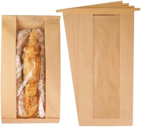 100 Pack Long Paper Bread Bags with Tabs for Homemade Sourdough, Resealable Bakery Bags with Window for Oval Sourdough Bread, Loaves, Pastries, Baguettes (6.3x2.7×13.7 Inches) by Foranda