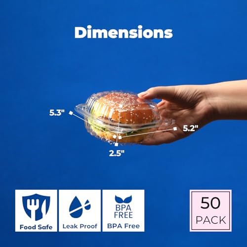 Fit Meal Prep 50 Pack 5.3 x 5.2 x 2.5 Inches Clear Hinged Plastic Containers, Clamshell Take Out Containers, Bakery To Go Disposable Plastic Container, Ideal for Sandwiches Hamburger Salads Cake Fruit - Image 2