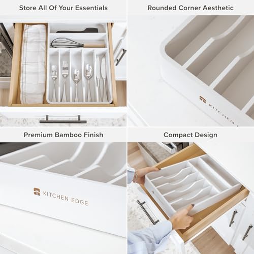 KitchenEdge Silverware & Utensil Organizer, Fixed 10.5 in, White | Cutlery, flatware holder, rounded corners, 7 compartments, non-slip feet, kitchen drawers - Image 3