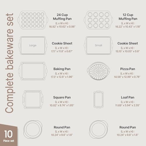 BAKKEN Kitchen Baking Pan Set - Nonstick Coating, Carbon Steel Bakeware Sets with Gray Silicone Handles, Baking Kitchen Essentials, PFOA, PFOS, PTFE Free, Oven Safe Tray (Up To 450° F), Set of 10 - Image 2