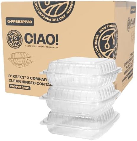 CIAO! 8"x8"x3" 3 Compartment PP Plastic Clear Hinged Container for Take Out (Case of 200) by Ciao