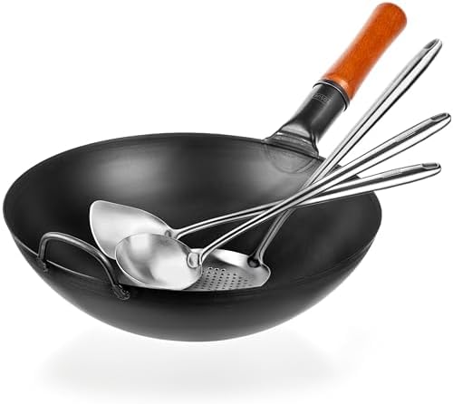 YOSUKATA Carbon Steel Wok Pan – 13,5 “ Stir Fry Pans PLUS 17" Wok Spatula and Ladle Skimmer Spoon - Stainless Steel Cooking Utensils Set by YOSUKATA