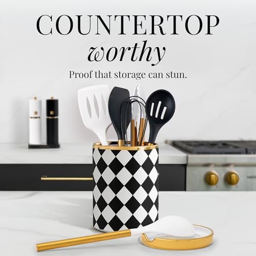 STYLED SETTINGS Black & White Checkered Utensil Holder Set | Large Ceramic Kitchen Utensil Holder for Countertop, Checkered Kitchen Decor & Organizer - Image 4