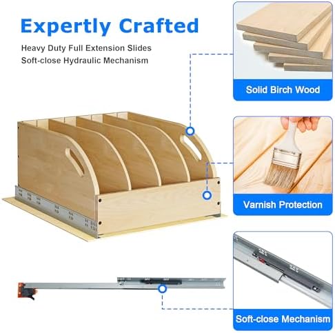 WelFurGeer Birchwood Pot and Pan Organizer with Soft-Close Drawer, Pull Out Cabinet Organizer, Heavy-Duty Slide-Out Storage for Baking Sheets, Cutting Boards, and Kitchen Utensils - Image 4