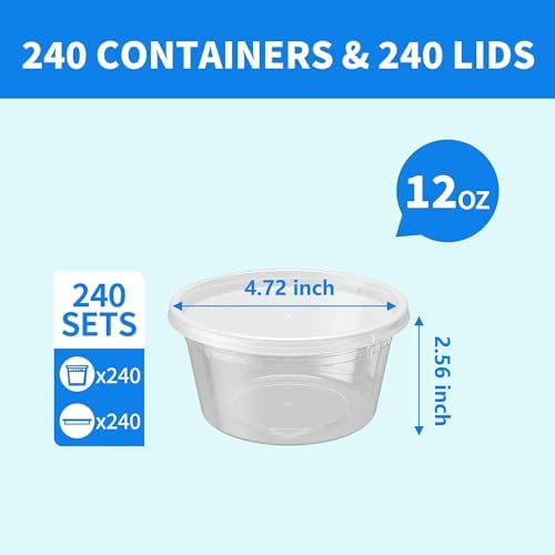 Plastic Deli Containers with Lids, 240 Sets 12 oz Leakproof Soup Cups | BPA-Free| Microwave Freezer Safe| Sturdy and Airtight| Crack-Proof for Takeout, Meal Prep, Slime, Snack, Leftovers Storage - Image 2