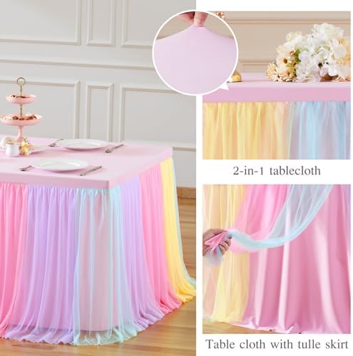 Pastel Rainbow Table Cloths for Parties Tulle Table Skirts Rectangle Tables 6ft Fitted Spandex Table Covers Stretch Elastic Banquet Wedding Baby Shower Birthday Party Table Cloths 6 Foot Rectangle - Image 6