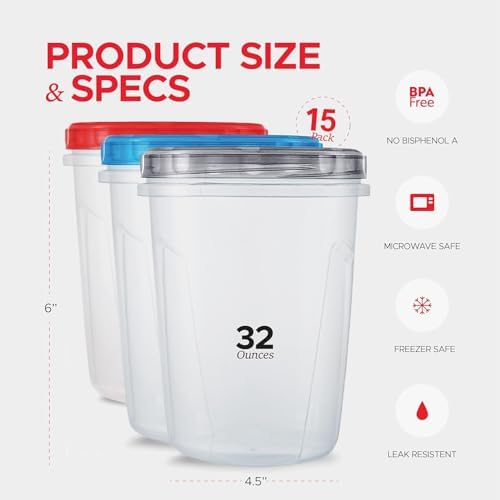 Tafura 15 Pack Leakproof Freezer Containers for Food with Twist Top Lids - 32 Oz BPA Free - Black/Blue/Red Lids - Image 4