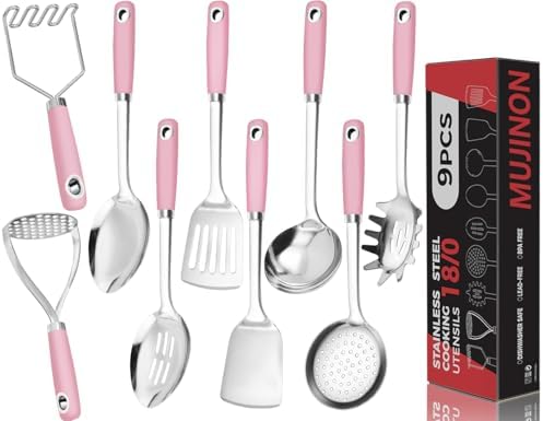 18/0 Stainless Steel Cooking Utensils Set, Heavy Duty Pink Handle for Kitchen Daily Use Party Wedding Housewarming, Dishwasher Safe, 9 Pieces by MUJINON