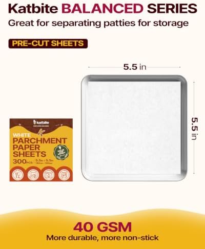 Katbite 300 Pcs Burger Patty Paper Squares, 5.5x5.5 Inch, Non-Stick | Heavy duty greaseproof squares, ideal for separating patties, burger presses, grilling, freezing and candy wrapping - Image 5