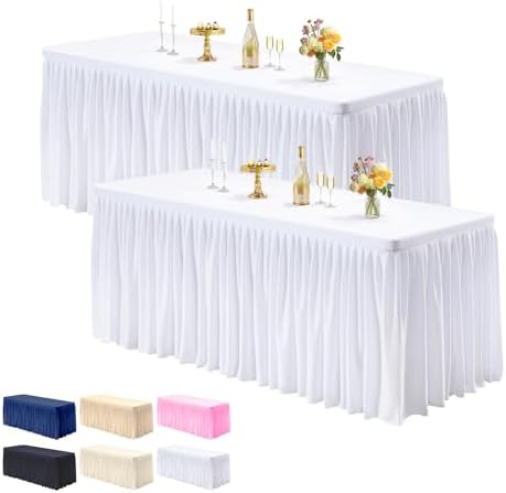 PARTISKY 2 Pack White Tablecloths for Rectangle Tables 6ft, Wrinkle Resistant White Table Cover Fitted Stretch Table Cloth with Pleated Ruffle Skirts for Party Banquet Dining Birthday Wedding by Partisky
