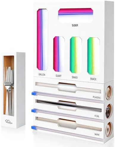 9 in 1 Foil and Plastic Wrap Dispenser with Cutter, White Bamboo Ziplock Bag Organizer for Drawer - Holds Gallon, Quart Bags & Aluminum Foil/Wax Paper, Wall Mountable Kitchen Storage by BOHOMDEC