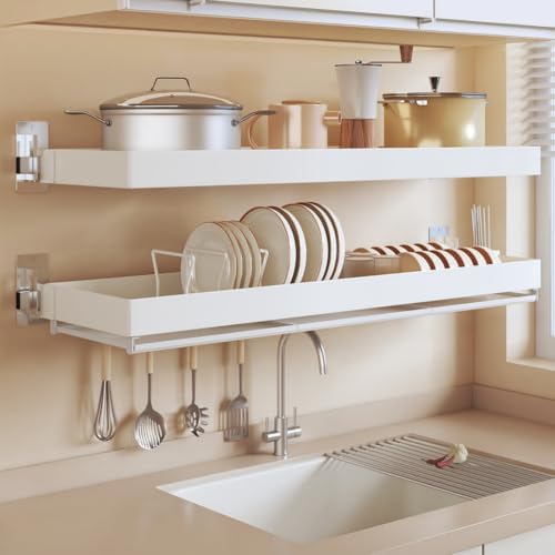 Wall-Mounted Stainless Steel Dish Drying Rack with Cutlery Holder,Hooks & Drainboard – Space-Saving Shelf for Plates,Bowls & Cups by Unknown