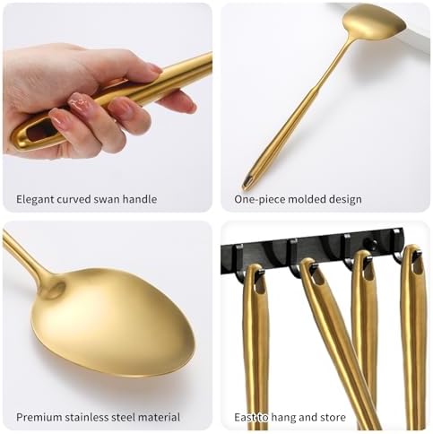 304 Stainlss Steel Matte Kitchen Utensils Set, 12 Pcs Long Metal Cooking Utensil Gadgets Tools Set with Spatula, Ladle, Spoon, Ladle, Skimmer, Tunner, Pasta Server, Tongs(Gold, Dishwasher Safe) - Image 5