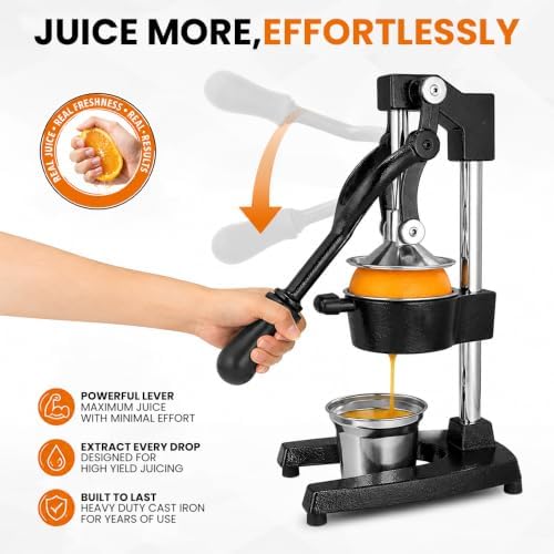 Cast Iron Juicer – Heavy Duty Manual Citrus Press | Hand Juicer Squeezer for Orange, Lemon, Lime, Grapefruit & Pomegranate | Countertop Juice Press with Stainless Steel Cup & Removable Strainer, Black - Image 2