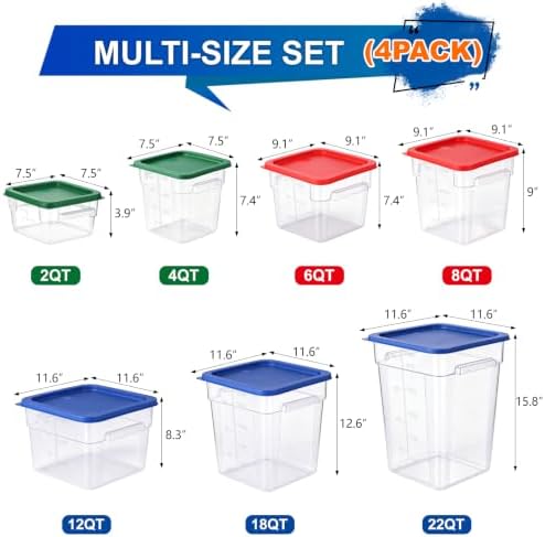 4Pack - 6QT Food Storage Containers with Lids & Handles, Polycarbonate Clear Airtight Food Container with Scale Marks for Bread Proofing, Flour, Commercial Grade, Restaurant & Kitchen, Square, Red - Image 2