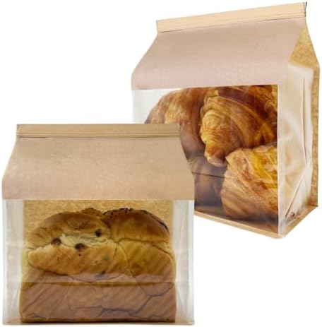 BIUBIU 25ct 8.7×4.3×11inch Thicker Large Bread Bags for Homemade with Window & Twist Tie - Ideal for Sourdough Bread, Loaf, Bakery, Pastry & Baked Goods, Brown Paper with Flat Bottom & Stand Up by Unknown