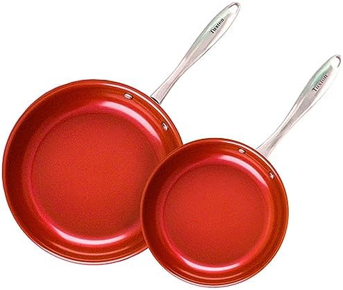Non Stick Frying Pans - Tuxton Home Concentrix 2-Piece Stainless Steel Pan Set - Stove & Oven Compatible 8-inch & 11-inch Ceramic Frying Pan with Riveted Handles - Cayenne Red Nonstick Pan Set by TuxtonHome