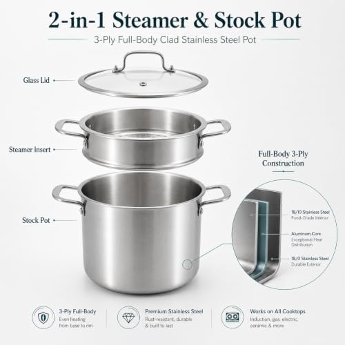 DELARLO 8 Quart Tri-Ply 18/10 Stainless Steel Stock Pot with Steamer - Image 6