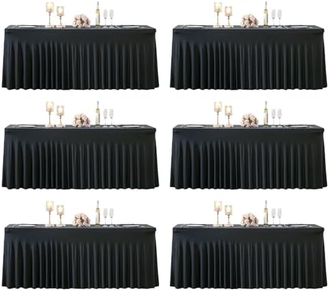 6 Pack 8ft Black Spandex Tablecloths for Rectangle Tables Wrinkle Free Black Rectangle Table Cloths, Stretch Fitted Table Cover with Skirt for Wedding Birthday Party Banquet Baby Shower Buffet Event by Suppromo