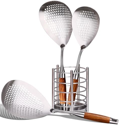 MARTE Skimmer Slotted Spoon Set of 4 - Kitchen Pasta Strainer Spoon - Spider Strainer Skimmer Ladle Spoon with Holder for Cooking and Frying Food, Spaghetti, Vegetable, Dumpling - 14.8In,16.5In,17In by MARTE