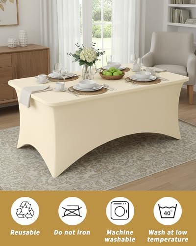 Fixwal 6 Pack 8FT Ivory Tablecloth Rectangle Spandex Fitted Table Cover - Image 6