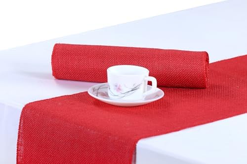 MDS® Pack of 10 Natural Burlap Table Runner, 12 x 108 Inch, Jute Rustic Farmhouse Boho Table Decor for Wedding Reception, Dining Table, Bridal Shower, Baby Shower & Party Decorations - Red by MDS