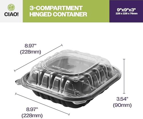 CIAO! 9"x9"x3" Polypropylene Black bottom with Clear Lid Hinged Container 3 Compartment Take Out Container, Microwavable, Recyclable and Reusable, (Case of 150) - Image 4