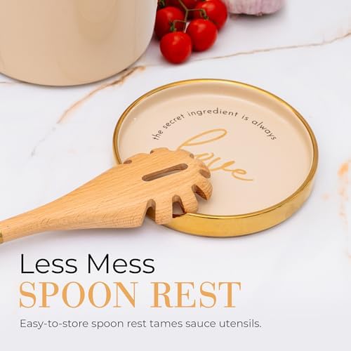STYLED SETTINGS Beige Utensil holder, Beige & Gold | Ceramic, Cooking Utensil Storage & Gold Spoon Rest, Kitchen Organization & Farmhouse Décor - Image 4