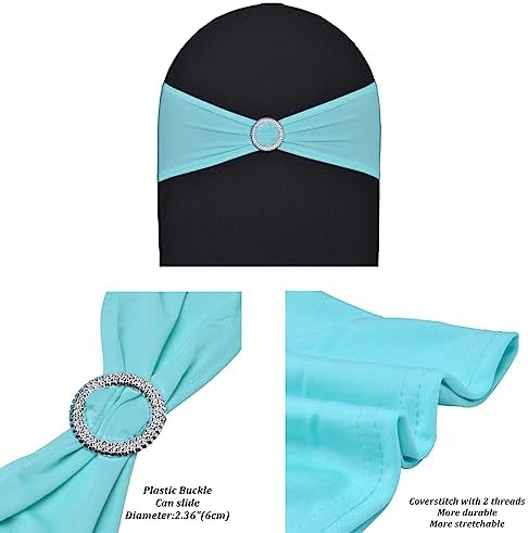 10pcs Turquoise Blue Spandex Stretch Chair Sash, Double Stitched Workmanship,Chair Cover Bands with Slider Buckle for Wedding Party Engagement Bridal Shower Birthday Decoration - Image 2