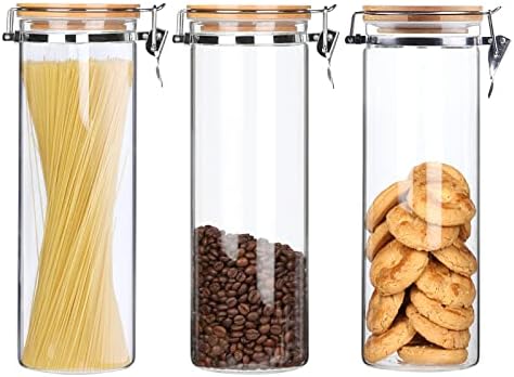 KKC 3-Pack 68oz Glass Spaghetti Containers with Airtight Bamboo Clamp Lids - 2000ml Tall Pasta Storage Jars & Long Noodle Holders Keep Fresh Canister Set for Kitchen Pantry Organization by KKCHOMEACCENTSGmbH