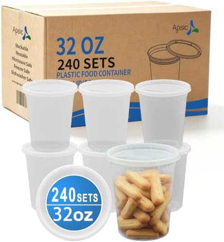 Plastic Deli Containers with Lids, 240 Sets 32 oz Leakproof Soup Cups | 32 oz Quart Container| BPA-Free| Microwave Freezer Safe| Sturdy and Airtight| for Takeout, Meal Prep, Slime, Snack by Apsic