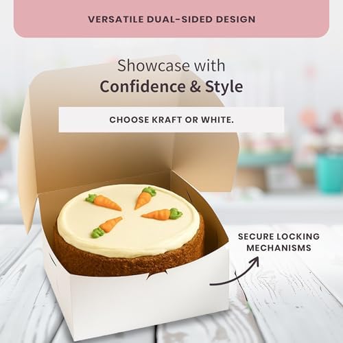 Reversible Bakery Boxes 12 x 12 x 6 in, No Window Lock Corner Tall Cake Boxes with Front Tuck Lock & Side Clips, Ideal for Layer Cakes, Kraft or White Exterior, Microwavable, 50 Pack - Image 3