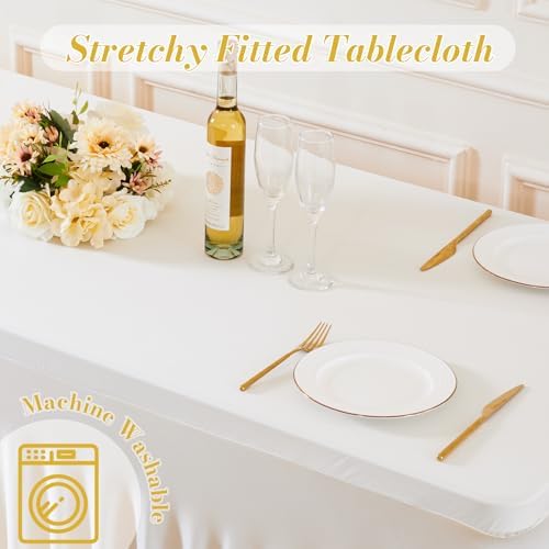6 Pack Ivory Table Cloth for 8 Foot Rectangle Tables Spandex Fitted Tablecloth 8ft Stretch Table Covers Skirt Ivory Banquet Tablecloths Wrinkle Free Tablecloth for Party Wedding Birthday Event - Image 6