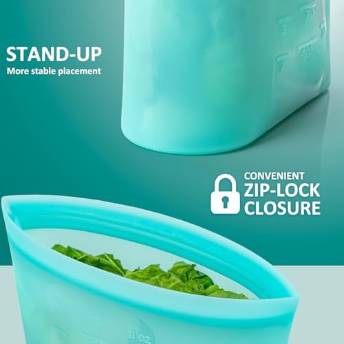 8-Pack Reusable Silicone Food Storage Bags, 100% Silicone Stand-Up Wide-Open Zip-Lock Reusable Storage Bags for Food, Freezer Microwave Oven Dishwasher Safe, Aqua, 4M 2S 2XS - Image 3