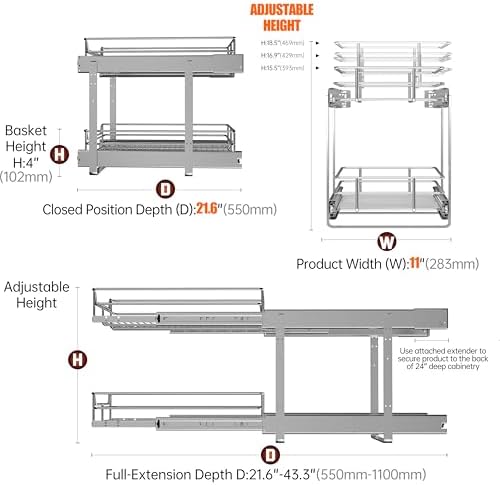 JOWBOOW 2-Tier Cabinet Pull Out Shelves, 11" W x 22" D, Chrome | Heavy-Gauge Wire Kitchen Cabinet Organizer, 100 lbs Capacity, Ball-Bearing Glides, Min 12" Opening, For Pantry Storage - Image 5