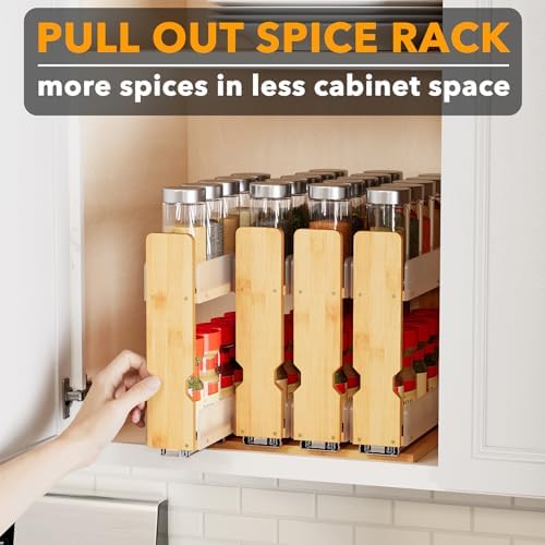 SpaceAid Bamboo Pull Out Spice Rack Organizer for Cabinet, Heavy Duty Slide Out Seasoning Kitchen Pantry Sliding Vertical Organization, 10.1" Wide, 4 Drawers(2" Wide), 2-Tier, Natural - Image 5