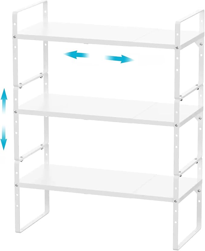iPEGTOP Expandable Cabinet Storage Shelf Organizer Rack, Heavy Duty Cupboard Stand Spice Rack Adjustable Height Garage Pantry Shelf Space Riser for Counter Kitchen Organization, White, 3 Pack by iPEGTOP